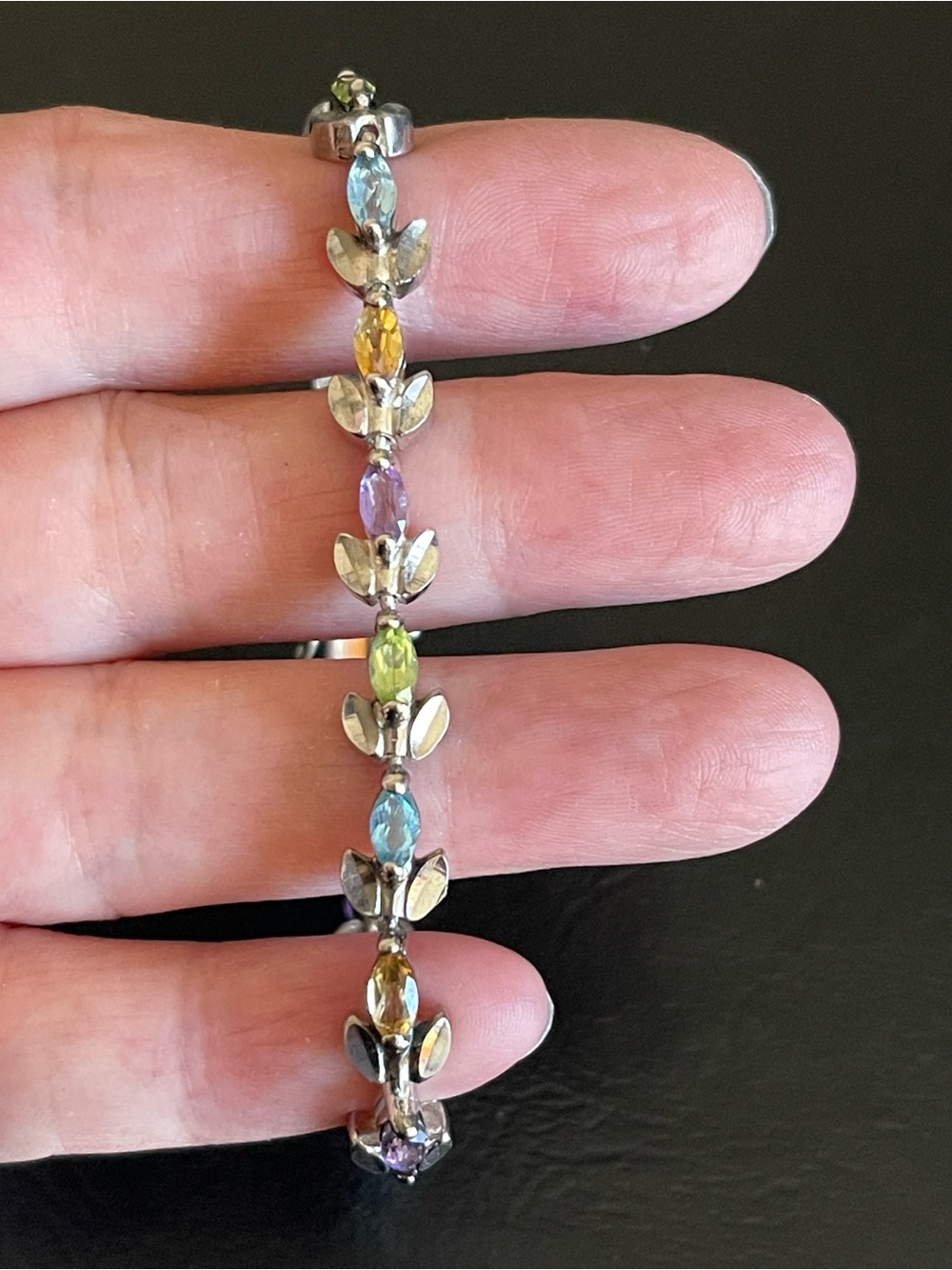 925 Sterling Silver Multicolor gemstone Tennis Bracelet .
